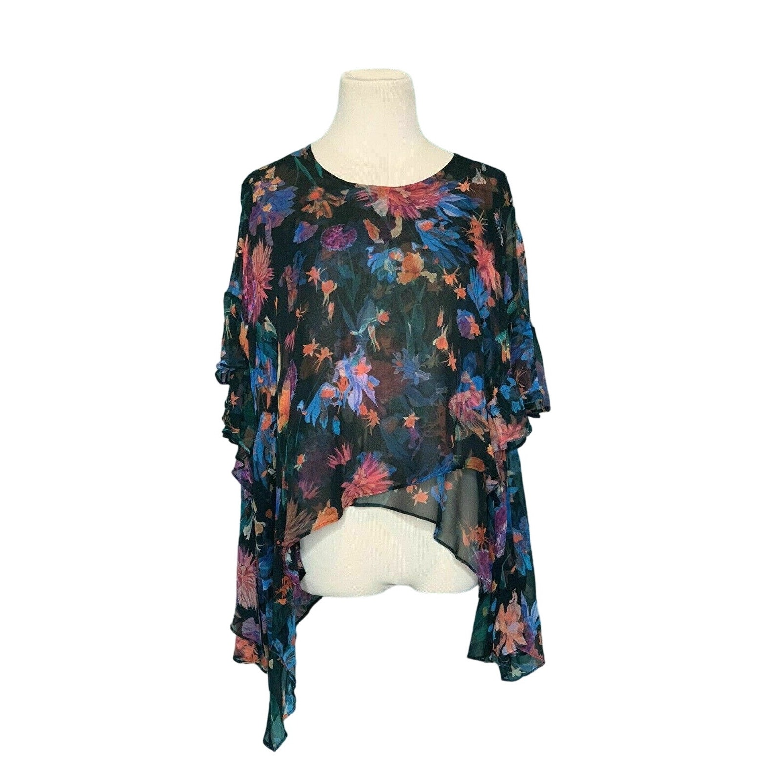 Iro Black Floral Ruffled Asymmetrical Tunic Blouse Top Size 40 - 8